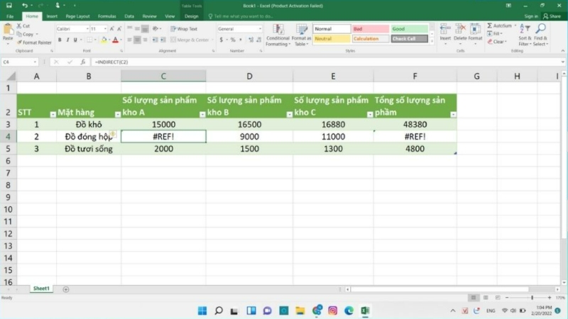 Bảng tính Excel bị lỗi #REF! khi tính tổng kho hàng