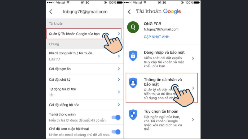 chọn thông tin cá nhân và bảo mật