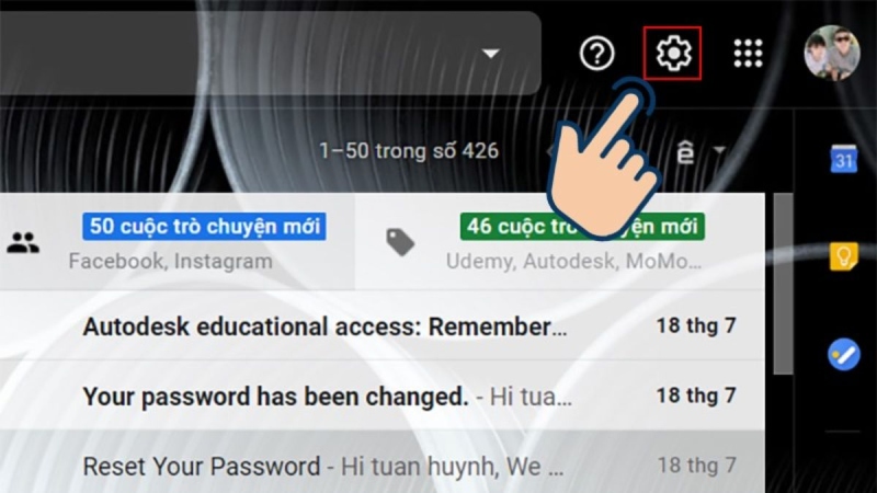 mở email và vào cài đặt