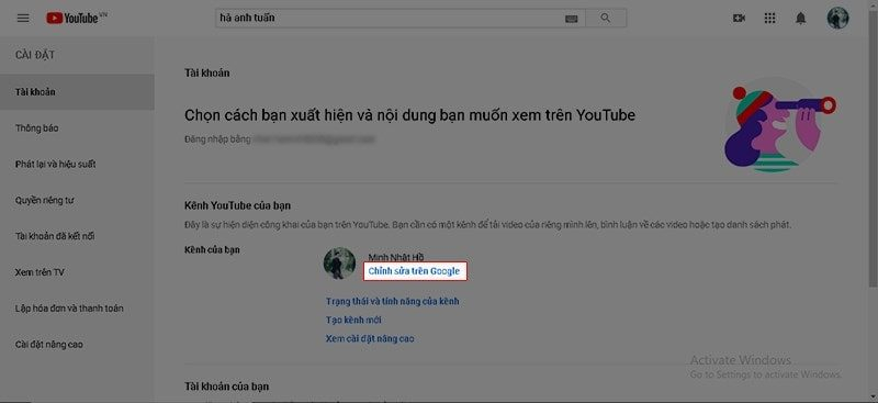 đổi tên youtube thông qua tài khoản trên google