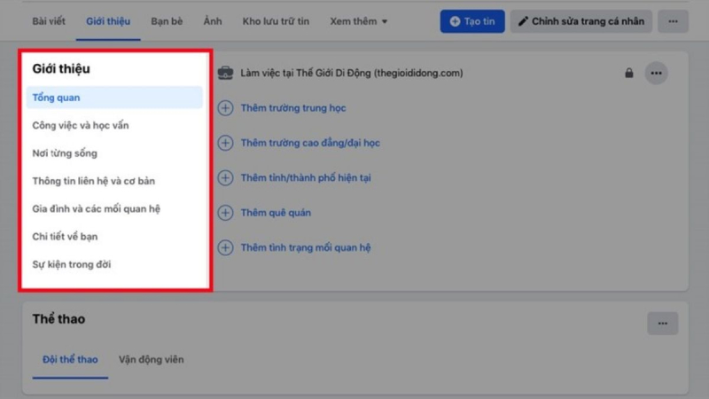 chọn mục giới thiệu muốn thay đổi