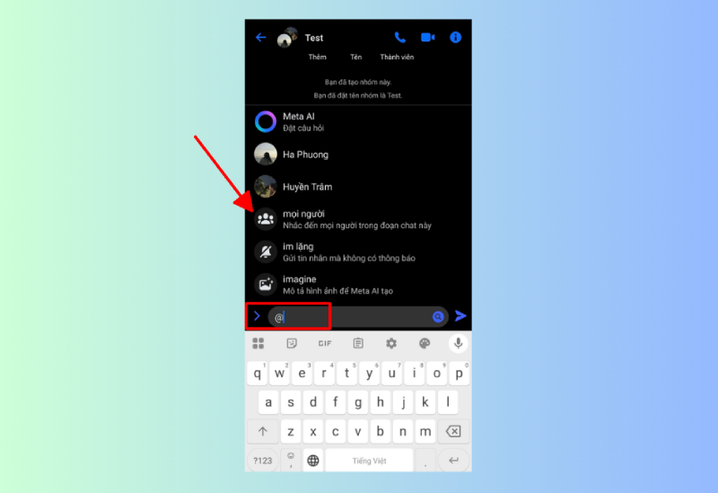 Nhập ký tự @ để chọn mọi người trong nhóm Messenger