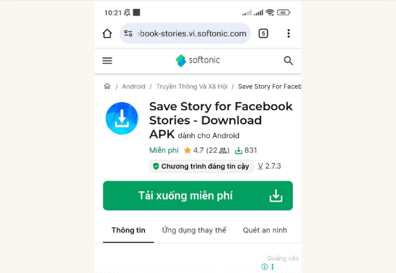 Giao diện tải ứng dụng Save Story for Facebook Stories