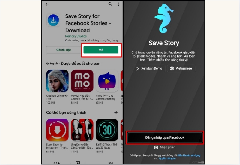 Mở ứng dụng Save Story và đăng nhập qua Facebook