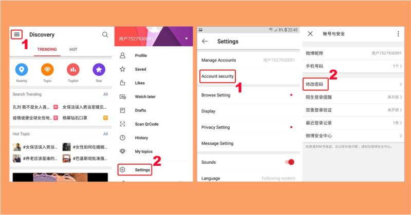 Truy cập phần bảo mật tài khoản trong cài đặt Weibo