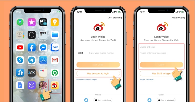 Đăng nhập tài khoản Weibo bằng số điện thoại hoặc email