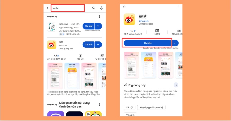Cài đặt ứng dụng Weibo trên điện thoại Android