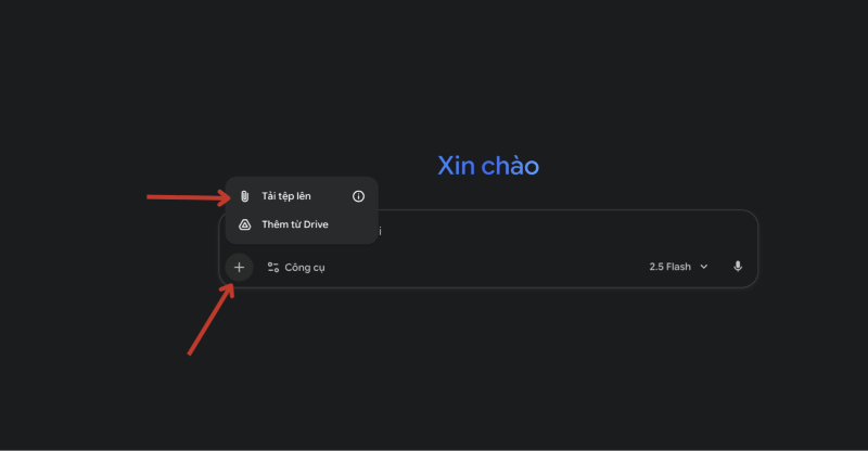 Chọn tải tệp lên hoặc thêm từ Drive trong Gemini AI
