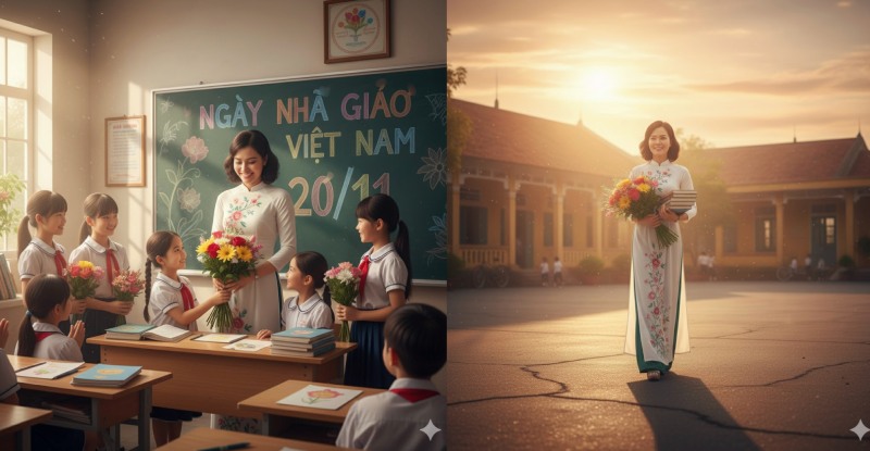Cô giáo nhận hoa từ học sinh trong Ngày Nhà giáo Việt Nam