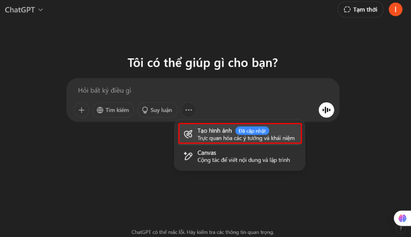 Chọn mục tạo hình ảnh trên chatgpt