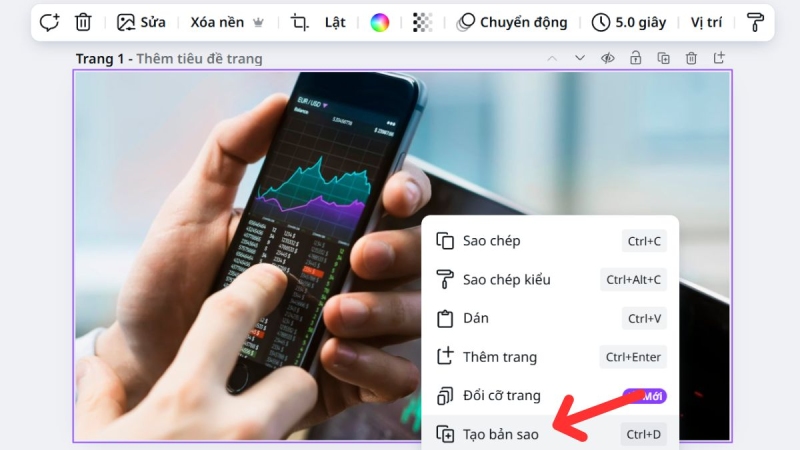 Chọn tùy chọn Tạo bản sao trong Canva để nhân đôi trang thiết kế nhanh chóng