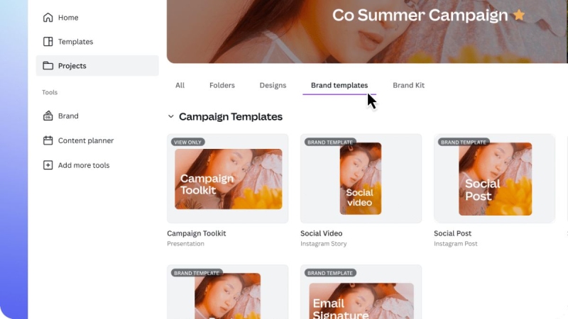 Giao diện Canva hiển thị mục Projects cho phép quản lý và sao chép mẫu thiết kế thương hiệu