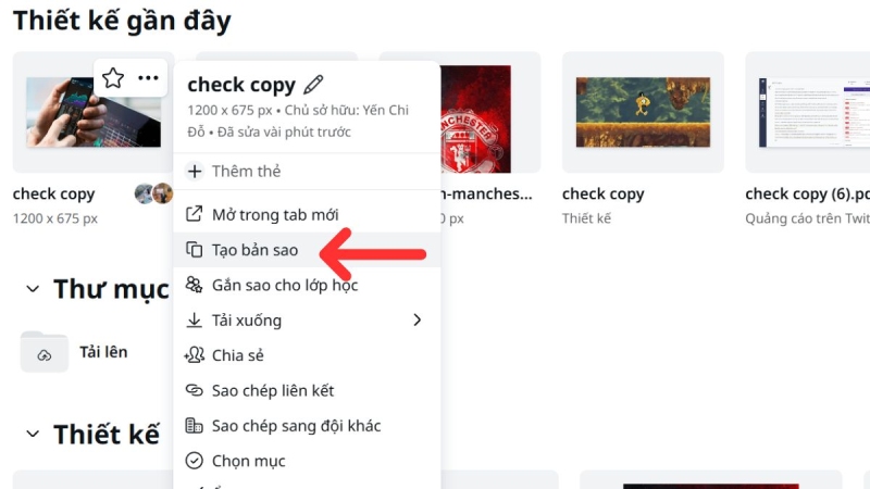 Sử dụng tính năng Tạo bản sao trong Canva để nhân đôi thiết kế từ giao diện chính