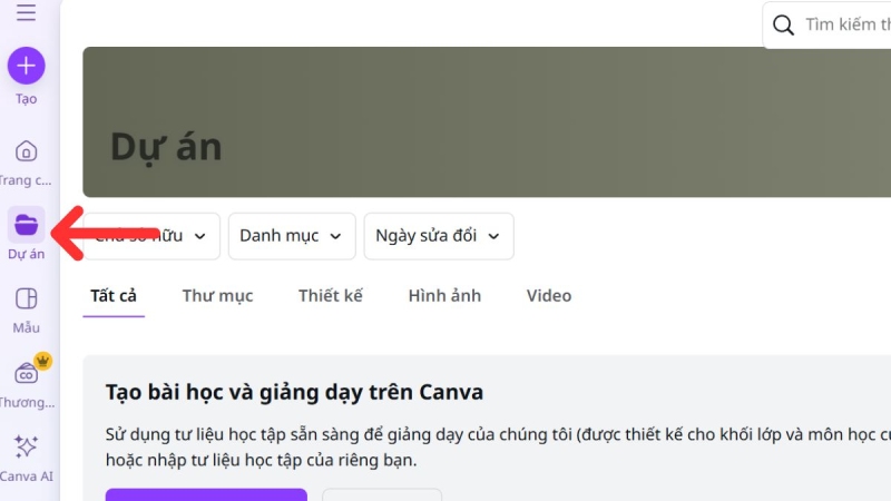 Truy cập mục Dự án trong Canva để quản lý và tạo bản sao các thiết kế đã lưu