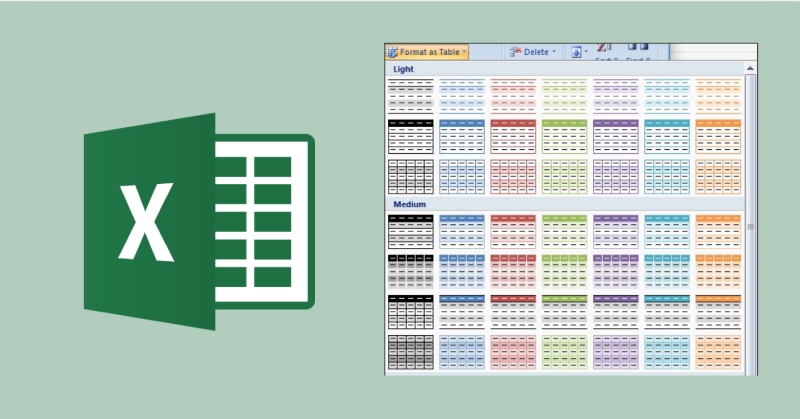 Giao diện Excel cùng các mẫu Format as Table nhiều kiểu màu khác nhau