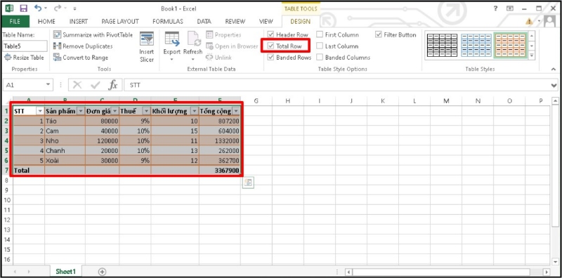 Bảng Excel được bật Total Row để tính tổng tự động ở cuối bảng