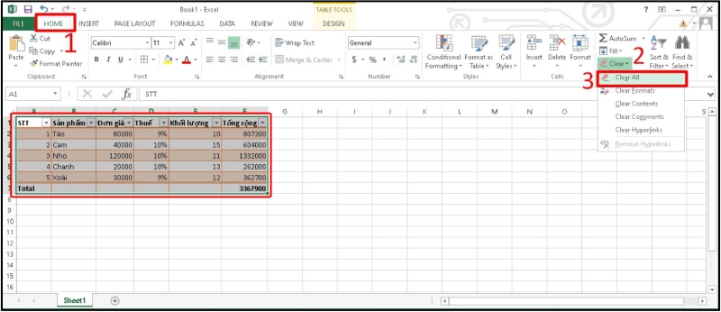 Xóa toàn bộ định dạng bảng bằng Clear All trong thẻ Home của Excel