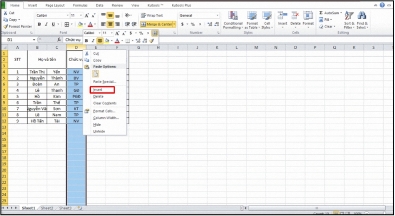 Chèn thêm cột mới trong Excel bằng lệnh Insert từ menu chuột phải