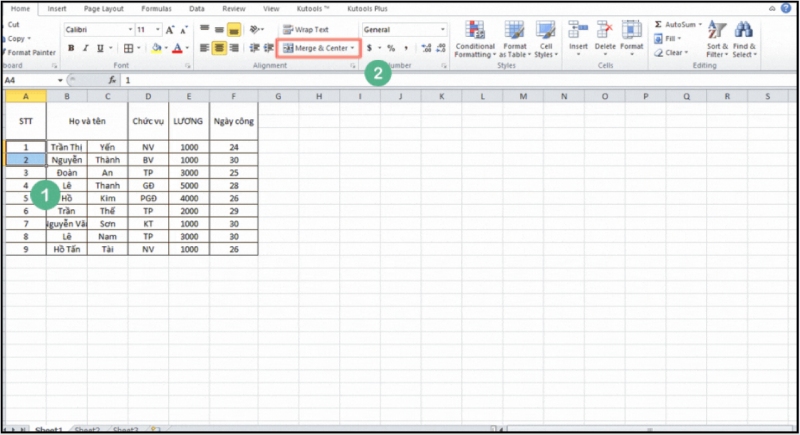 Gộp và căn giữa các ô bằng công cụ Merge & Center trong Excel