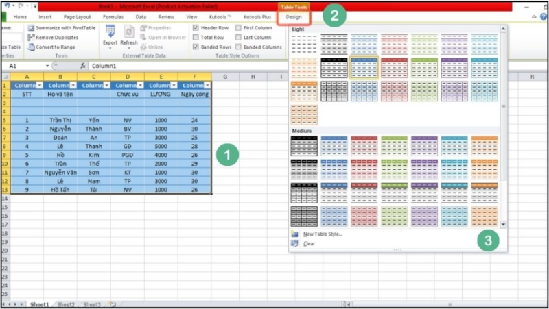 Áp dụng kiểu bảng trong Table Tools Design bằng cách chọn mẫu Format as Table