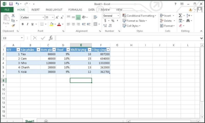 Dữ liệu được chuyển thành bảng với định dạng Table trong Excel