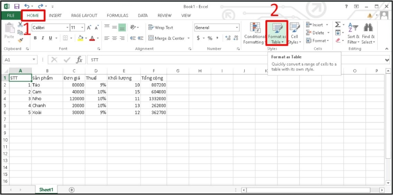 Chọn Format as Table từ thẻ Home