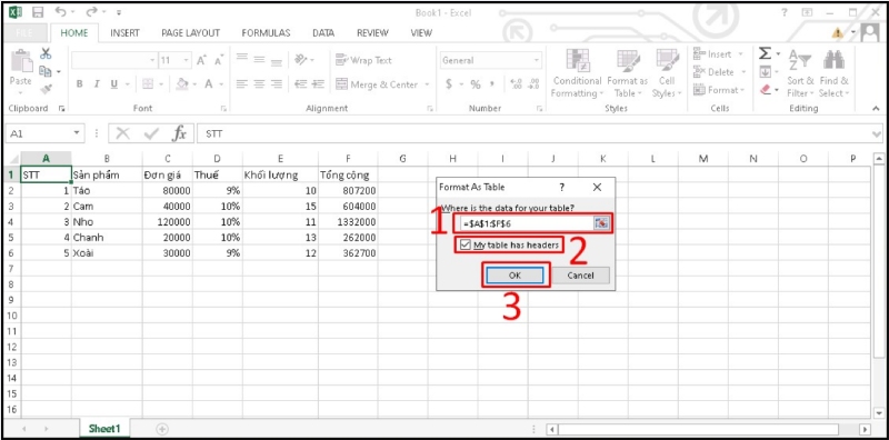 Hộp thoại Format As Table xác nhận phạm vi dữ liệu và dòng tiêu đề
