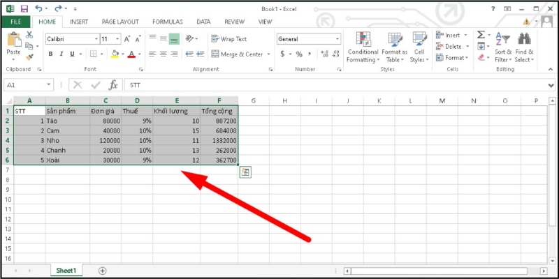 Vùng dữ liệu được bôi chọn