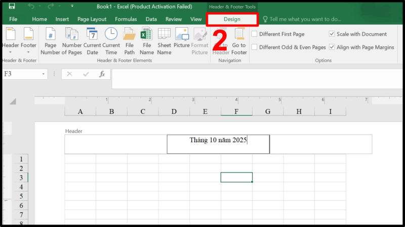 Chọn tab Design trong Header & Footer Tools