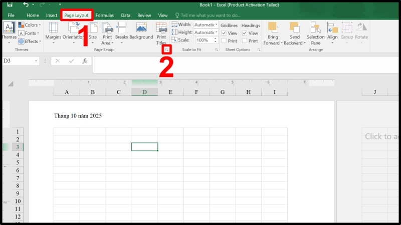 Mở tab Page Layout và chọn biểu tượng mở rộng Page Setup