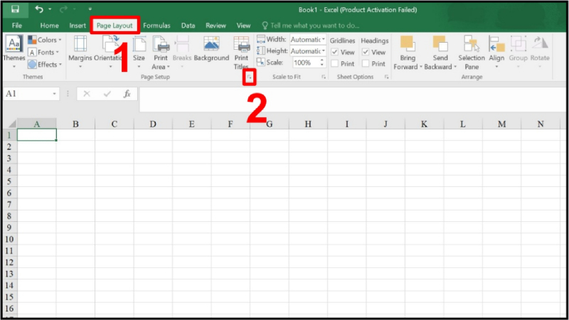 Mở tab Page Layout và chọn biểu tượng mở rộng Page Setup