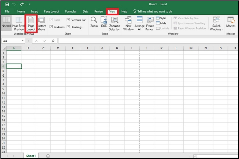 Mở chế độ xem Page Layout trong tab View
