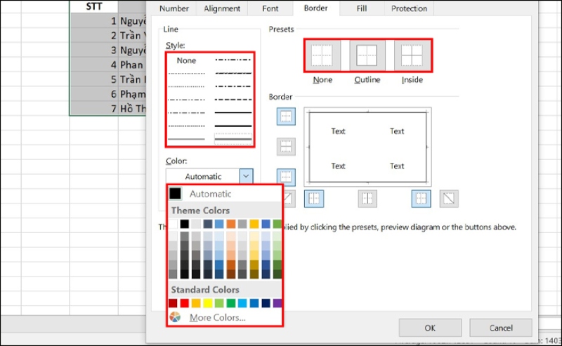 Tùy chỉnh định dạng đường viền trong Border