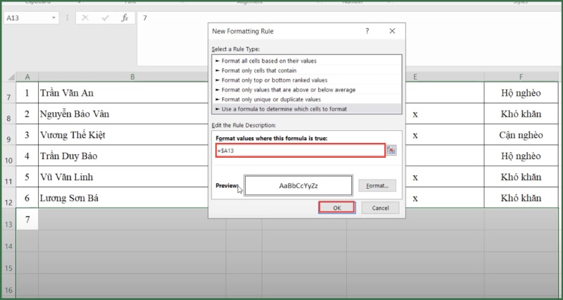 Nhập điều kiện và công thức để tự động kẻ viền