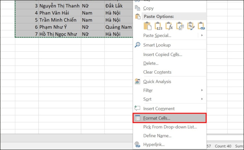 Mở Format Cells để đổi màu sắc, kích thước đường viền
