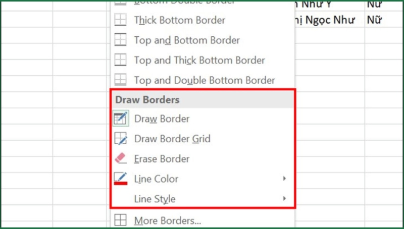 Draw Borders tùy chọn viền trong Excel