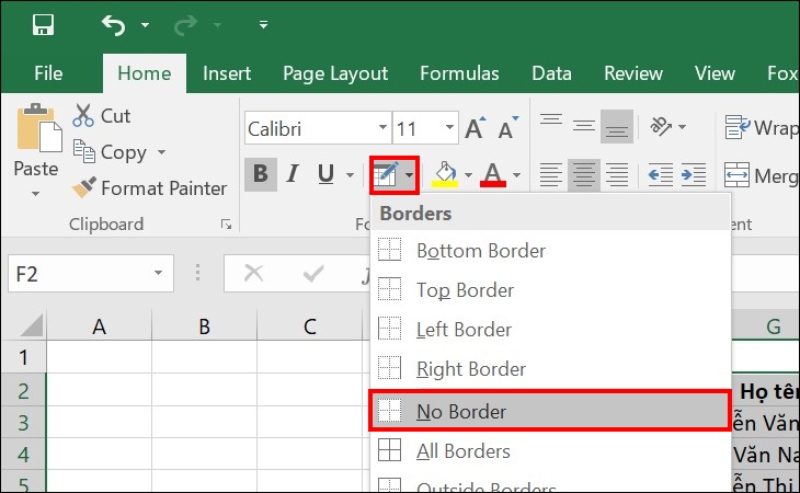 Các bước xóa đường viền trong Excel