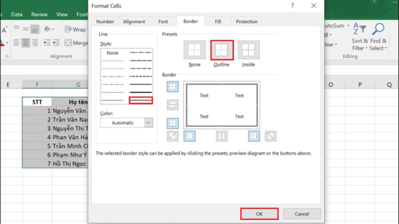 Chọn kiểu nét, màu sắc và cách hiển thị đường viền