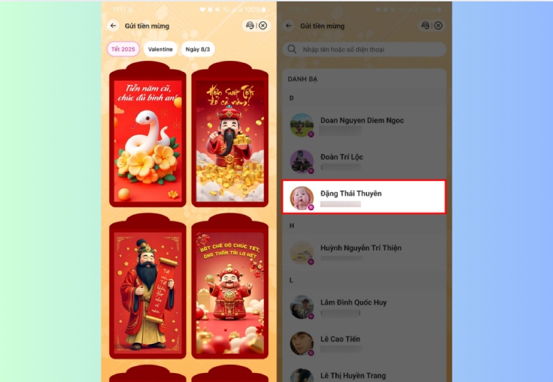 Chọn thiệp lì xì và người nhận tiền mừng trong danh bạ
