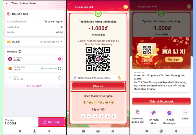 Hoàn tất giao dịch, tạo link lì xì thành công và chia sẻ đến bạn bè