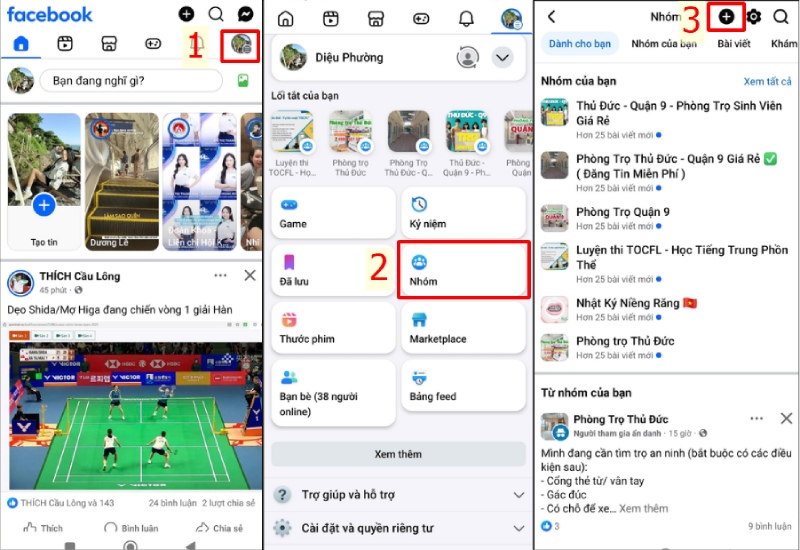 Các bước vào mục Nhóm trên Facebook điện thoại
