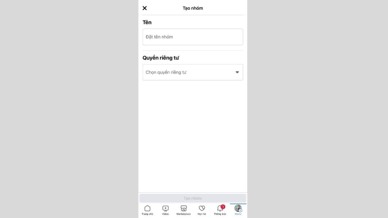 Giao diện tạo nhóm trên Facebook, nhập tên và quyền riêng tư