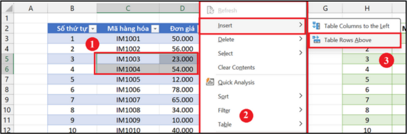 Chèn dòng trong bảng Excel bằng chuột phải và chọn Table Rows Above