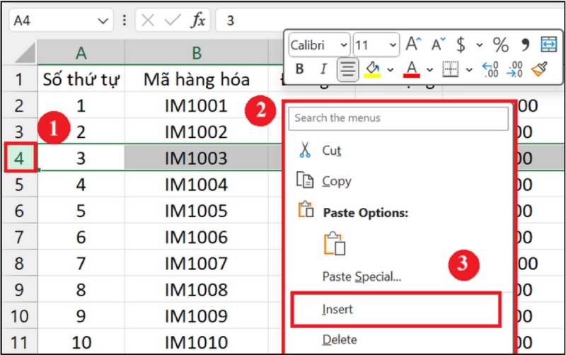 Chuột phải vào số dòng và chọn Insert
