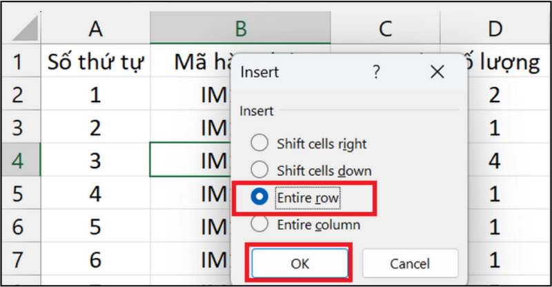 Hộp thoại Insert chọn Entire row để thêm dòng mới