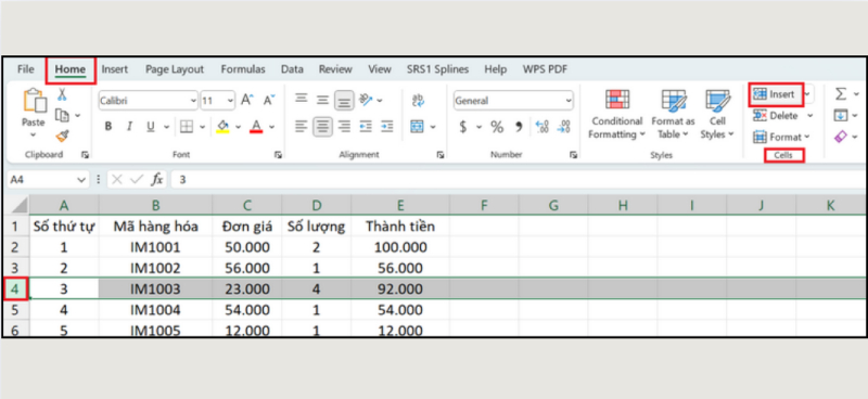 Thêm dòng trong Excel bằng thẻ Home với lệnh Insert trong nhóm Cells