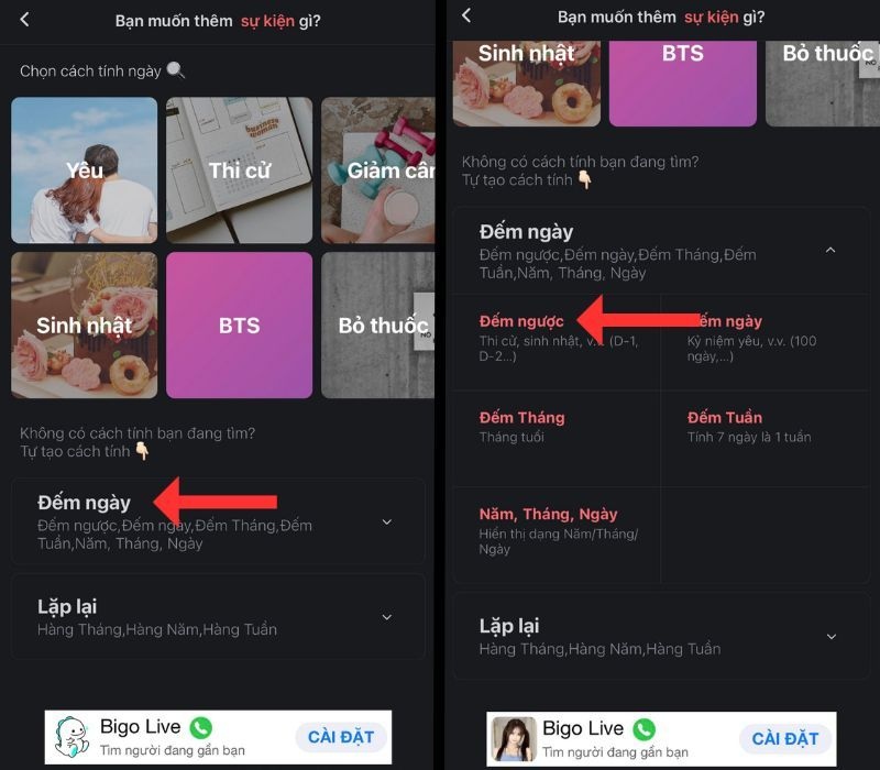 Giao diện cài đặt tính năng đếm ngược ngày Tết