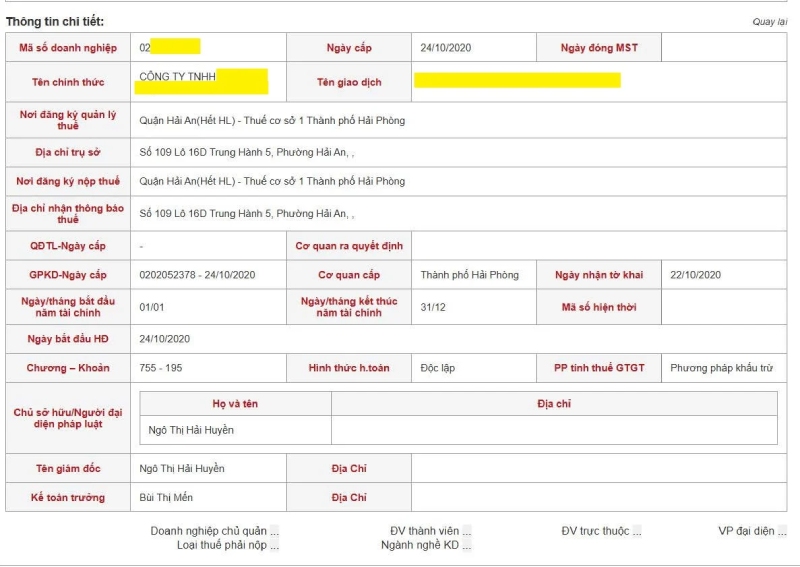 Thông tin tra cứu doanh nghiệp được hiện thị