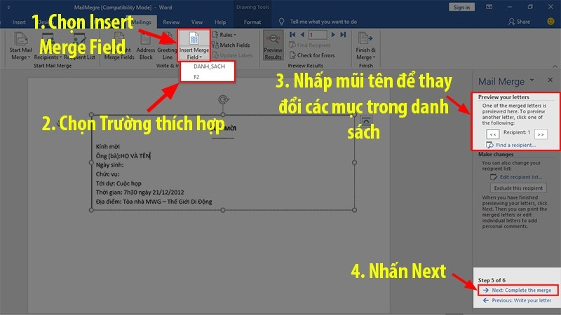 Chèn trường Merge Field và xem trước thư trong Mail Merge Word