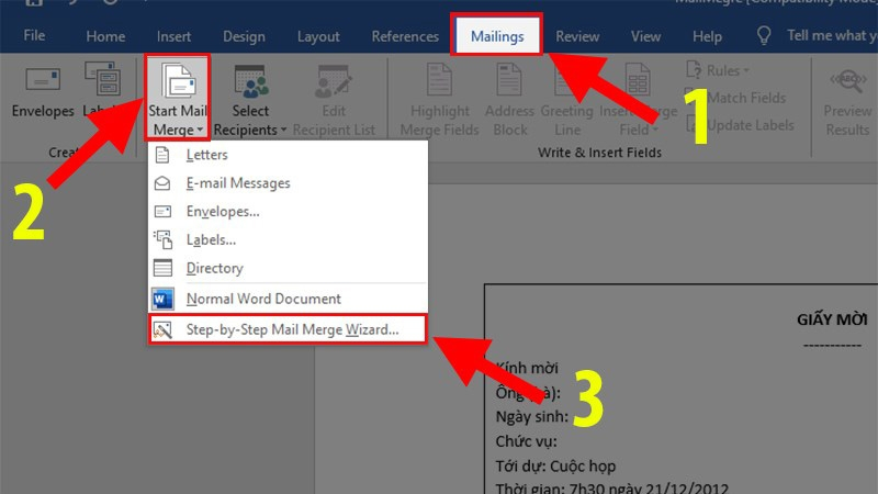 Thao tác mở Mail Merge Wizard trong tab Mailings của Word